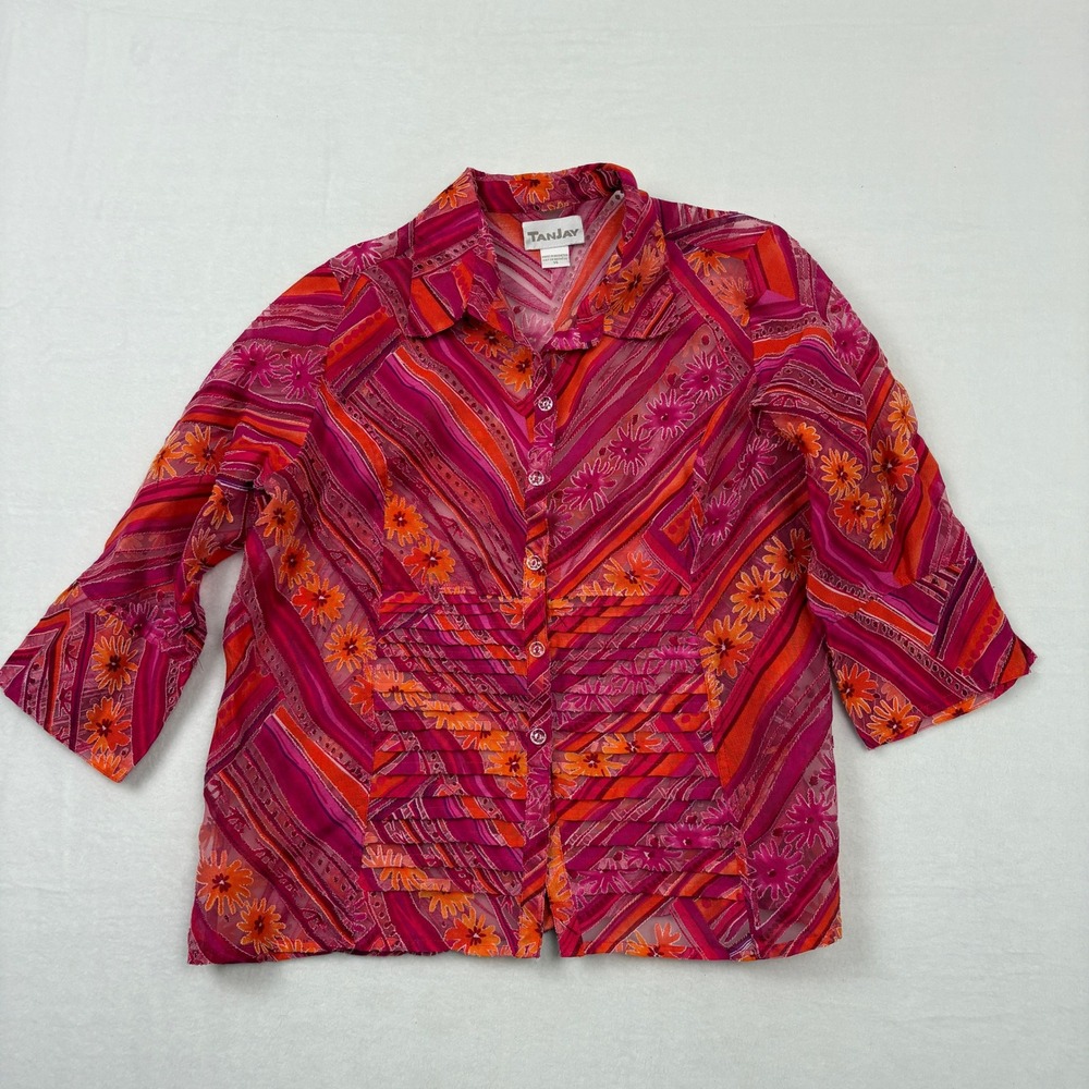 TanJay Women Pink Orange Floral Sheer Button Up Blouse Size 14 Pleated Front